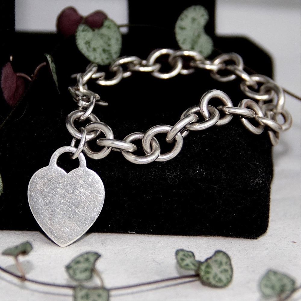 Tiffany & Co Sterling Silver Heart Tag Link Bracelet 925 RTT 7.5 Inch 10mm